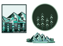 Load image into Gallery viewer, Mountain adventure themed stickers with mountains, pine trees, and "climb on" for rock climbing or hiking
