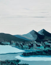 Load image into Gallery viewer, Close-up details of an original abstract mountain painting with shades of blue and green.