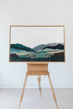 Load image into Gallery viewer, Fine art painting on an easel with mountains and rolling hills.
