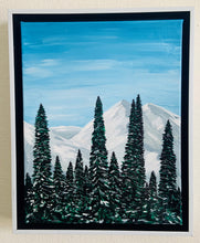 Load image into Gallery viewer, Snow capped mountains, blue sky, with pine trees- cabin view in Breckenridge Colorado fine art canvas acrylic painting. This photo shows the painting framed in the white canvas floater frame, hanging on the wall.
