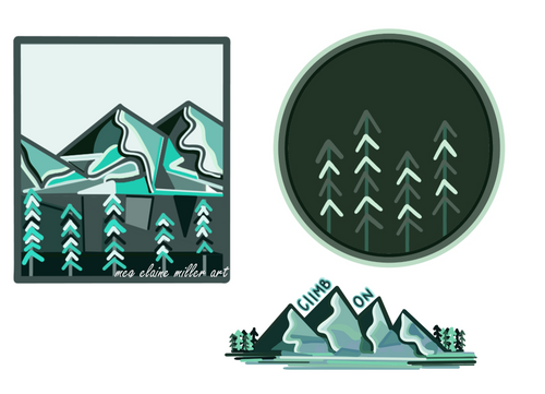 Mountain adventure themed stickers with mountains, pine trees, and 