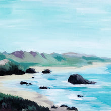 Load image into Gallery viewer, Fine art acrylic painting of the Oregon Coat- Abstract Landscape with blue, green, and dark brown beach scene. The painting is framed in a black canvas floater frame, ready to hang. 
